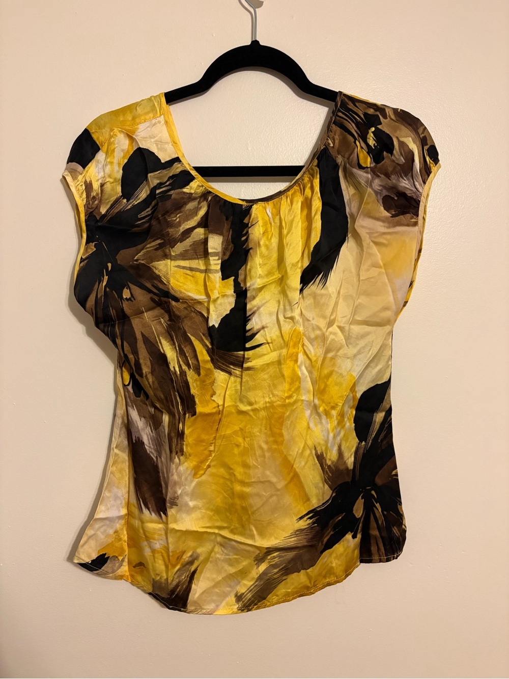 Silk Yellow Floral Cap-Sleeve Women's Top With Button Back Detail